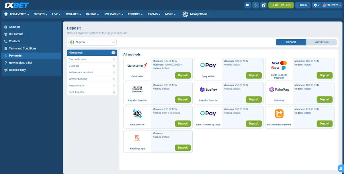 1xBet Payment methods Screenshot